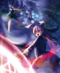  3girls bamboo butterfly dress fan flaurel flying folding_fan grey_hair hairband hat highres imperishable_night konpaku_youmu long_hair magic_circle multiple_girls open_mouth pink_haid purple_hair red_eyes reisen_udongein_inaba saigyouji_yuyuko short_hair sword thigh-highs touhou triangular_headpiece weapon white_legwear 