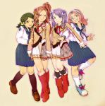  blue_eyes boots brown_eyes brown_hair footwear green_eyes green_hair hair_ornament hairband inazuma_eleven inazuma_eleven_(series) kino_aki kudou_fuyuka long_hair multiple_girls pink_hair purple_hair raimon_natsumi school_uniform short_hair smile socks tmhm twintails zaizen_touko 