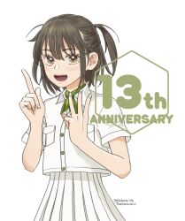  1girl anniversary artist_name black_hair brown_eyes collared_shirt commentary_request dated dress_shirt green_neckerchief highres index_finger_raised kantai_collection neckerchief open_mouth pleated_skirt sendai_(kancolle) shirt simple_background skirt smile solo two_side_up w white_background white_shirt white_skirt yoshizawa_tamae 
