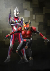  2boys absurdres alien ankle_boots anklet arcle_(kuuga) armor black_bodysuit black_boots bodysuit boots bracelet breastplate brown_background camouflage_background chest_guard color_timer colored_skin commentary compound_eyes crossover crystal dorsal_fin forehead_jewel full_body gem genre_connection giant giant_male gloves glowing glowing_eyes gold_anklet gold_bracelet gold_horns gold_trim gradient_background grey_background hands_up highres horns jewelry kamen_rider kamen_rider_kuuga kamen_rider_kuuga_(mighty_form) kamen_rider_kuuga_(series) knee_guards legs_apart looking_at_viewer male_focus multicolored_skin multiple_boys no_pupils open_hands outstretched_arms pectorals posing purple_skin red_armor red_eyes red_gem red_skin rider_belt shoulder_armor silver_skin standing straight-on tokusatsu tomoaki55500013 toned toned_male trait_connection ultra_beam ultra_series ultraman_tiga ultraman_tiga_(multi_type) ultraman_tiga_(series) white_eyes wrinkled_skin 