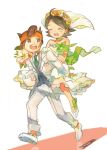  1boy 1girl bare_shoulders blush bouquet bride brown_hair carrying dress endou_mamoru female flower formal gloves green_hair hair_ornament headband inazuma_eleven inazuma_eleven_(series) kino_aki laugh laughing male off_shoulder piggyback short_hair smile tuxedo wedding wedding_dress 