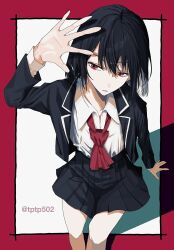  1girl arm_up black_hair black_jacket black_skirt border collared_shirt dot_nose feet_out_of_frame from_above hair_between_eyes hand_on_ground hand_up highres invisible_chair jacket long_sleeves medium_hair open_clothes open_jacket original outside_border parted_lips pleated_skirt red_border red_eyes shadow shirt sitting skirt tapiko_(tptp502) twitter_username white_shirt 