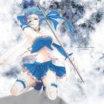  arm_up blood blue_eyes blue_hair cape gloves kneeling magical_girl mahou_shoujo_madoka_magica miki_sayaka mioko navel short_hair smile solo sword thigh-highs thighhighs torn_clothes weapon white_gloves 