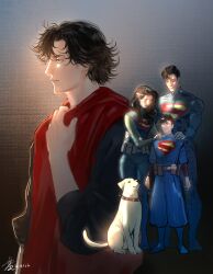  1girl 2boys absolute_dc absolute_superman absurdres black_hair blue_bodysuit bodysuit cape dc_comics dog highres krypto_the_superdog multicolored_suit multiple_boys red_cape superhero_costume superman superman_(absolute_dc) superman_logo zhongdi90478 