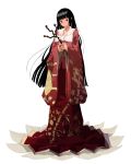  absurdres bamboo black_hair branch brown_eyes butterfly female flower full_body highres hone_shoukan houraisan_kaguya jeweled_branch_of_hourai long_hair long_skirt looking_at_viewer red_dress simple_background smile solo standing touhou very_long_hair white_background 