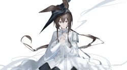  1girl absurdres amiya_(arknights) amiya_(guard)_(arknights) amiya_(guard)_(in_a_myriad_of_universes)_(arknights) animal_ears arknights brown_hair commentary_request dress green_eyes hair_between_eyes hands_on_own_chest highres jewelry long_hair long_sleeves multiple_rings nanami_alice official_alternate_costume parted_lips rabbit_ears rabbit_girl ring simple_background single_shoulder_pad solo upper_body white_background white_dress 