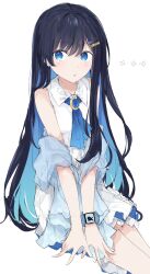 1girl ado_(utaite) blue_eyes blue_hair chando_(ado) check_copyright colored_inner_hair commentary_request copyright_request dress hair_ornament hairclip highres invisible_chair long_hair looking_at_viewer multicolored_hair shawl simple_background sitting sleeveless solo subaritsuku watch watch white_background white_dress 