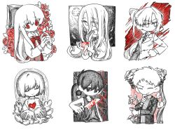  1other 2boys 3girls androgynous antenna_hair blood blood_on_knife bow character_request closed_eyes closed_mouth collar collarbone collared_shirt copyright_request double-parted_bangs frisk_(undertale) greyscale hair_between_eyes holding holding_knife ib_(ib) ib_(kouri) knife long_hair long_sleeves looking_at_viewer monochrome multiple_boys multiple_girls mun_gom necktie omori omori_(omori) ponytail red_bow shirt short_hair spot_color suit sweater tank_top undertale utdr_(toby_fox) 