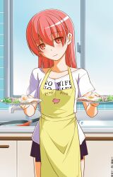  1girl absurdres apron bacon black_skirt blush breakfast cooking_pot cosplay cupboard cutting_board egg faucet food fried_egg hata_kenjirou highres holding holding_plate housewife lettuce long_hair maison_ikkoku official_art otonashi_kyouko otonashi_kyouko_(cosplay) piyo_piyo_apron plate print_shirt red_eyes red_hair shirt short_sleeves sink skirt tiles tonikaku_kawaii white_shirt window yellow_apron yuzaki_tsukasa 