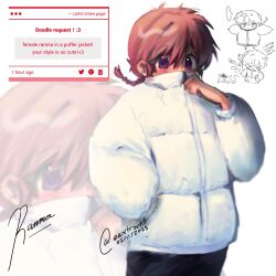  ... 1girl black_pants braid cat character_name closed_eyes covered_mouth down_jacket eextrovrt english_commentary english_text eyeshadow hand_up highres jacket makeup pants purple_eyeshadow ranma-chan ranma_1/2 red_hair single_braid spoken_ellipsis white_jacket 