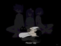  1girl 3boys antenna_hair aubrey_(headspace)_(omori) aubrey_(omori) barefoot black_hair blue_shirt bow brothers checkered_clothes closed_eyes closed_mouth collared_pajamas commentary crossed_arms double-parted_bangs english_commentary hair_between_eyes hair_bow hero_(headspace)_(omori) hero_(omori) highres holding holding_stuffed_toy kel_(headspace)_(omori) kel_(omori) knees_up long_shirt long_sleeves meme mr._plantegg_(omori) multiple_boys nill_(nill) omori open_mouth pajamas pants pink_bow purple_hair purple_shorts revision shirt short_hair short_sleeves shorts siblings simple_background sitting striped_clothes striped_pajamas striped_pants stuffed_eggplant stuffed_toy sunny_(omori) t-shirt tank_top tap_me_(meme) twitter_username vertical-striped_clothes vertical-striped_pajamas vertical-striped_pants white_background white_pajamas white_pants 