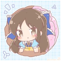  1girl :< blue_background blue_bow blue_dress blush_stickers bow brown_eyes brown_hair chibi commentary_request doughnut dress food frilled_bow frills hair_bow highres idolmaster idolmaster_cinderella_girls in_food long_hair looking_at_viewer mini_person minigirl mitarashi_neko notice_lines parted_lips plaid_background puffy_short_sleeves puffy_sleeves short_sleeves solo tachibana_arisu triangle_mouth 
