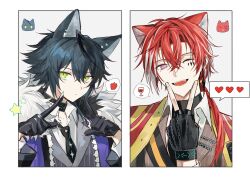  2boys animal_ear_piercing animal_ears apple arknights bellone_(arknights) black_choker black_coat black_gloves black_necktie blazer blue_hair brown_jacket chain chinese_commentary choker coat collared_shirt commentary_request crossed_bangs cup diamond_(shape) diamond_facial_mark drinking_glass earrings facial_mark fangs fingerless_gloves food fruit fur-trimmed_coat fur_trim gloves green_eyes grey_vest hair_between_eyes hair_over_shoulder hand_up hands_up heart highres index_fingers_raised infection_monitor_(arknights) jacket jewelry long_hair long_sleeves looking_at_viewer male_focus mark_under_eye mole mole_under_eye multicolored_hair multiple_boys necktie one_eye_closed open_mouth outside_border portrait sevenlistening shirt single_earring spoken_food spoken_heart star_(symbol) streaked_hair teeth v v_over_mouth vest vigil_(arknights) violet_eyes white_background white_hair white_shirt wine_glass wolf_boy wolf_ears 