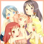  akemi_homura bare_shoulders black_hair blonde_hair blue_eyes blue_hair blush border casual drill_hair food fruit hairband ichigo_mashimaro kaname_madoka long_hair mahou_shoujo_madoka_magica miki_sayaka multiple_girls parody pink_eyes pink_hair purple_eyes red_eyes red_hair redhead sakura_kyouko shii_(cocoa) short_hair strawberry style_parody tank_top tomoe_mami twintails v violet_eyes yellow_eyes 