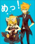  +_+ aqua_eyes bare_shoulders black_legwear black_shirt black_thighhighs blonde_hair bloomers blue_eyes brother_and_sister brown_hair chair controller famicom female formal fur_collar game_controller hair_ornament hair_ribbon hairclip headphones headphones_around_neck jacket kagamine_len kagamine_rin male miwasiba multicolored_eyes necktie nes nintendo playing_games ponytail popped_collar remote_control ribbon rimocon_(vocaloid) short_hair siblings sitting sleeveless sleeveless_shirt spread_legs suit thigh-highs thighhighs twins video_game vocaloid yellow_eyes 