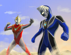  2boys alien black_skin blue_gem blue_skin blue_sky chest_guard clenched_hands clouds cloudy_sky color_timer colored_skin commentary compound_eyes cowboy_shot curled_fingers day desert dorsal_fin dust_cloud fighting_stance forehead_jewel gem giant giant_male glowing glowing_eyes gold_trim gradient_eyes hands_up head_down highres legs_apart looking_at_another male_focus multicolored_eyes multicolored_skin multiple_boys no_pupils outdoors pectorals red_skin rivalry sand silver_skin silver_trim sky standing tokusatsu tomoaki55500013 toned toned_male two-tone_skin ultra_series ultraman_agul ultraman_gaia ultraman_gaia_(series) white_eyes wrinkled_skin yellow_eyes 
