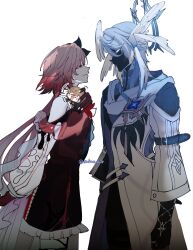  1boy 1girl artist_name badge belt blue_hair book clothing_cutout dress evernight_(honkai:_star_rail) flower frills gloves hair_flower hair_ornament halo halo_behind_head head_wings highres honkai:_star_rail honkai_(series) hood hood_down jacket long_hair looking_at_another march_7th_(honkai:_star_rail) medium_hair multiple_wings pink_hair red_eyes sakae_0_0 shaded_face smirk sunday_(honkai:_star_rail) very_long_hair white_background wings 