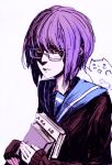  arsenixc book glasses highres nagato_yuki purple_hair school_uniform serafuku short_hair sketch sleeves_past_wrists solo suzumiya_haruhi_no_shoushitsu suzumiya_haruhi_no_yuuutsu yellow_eyes 