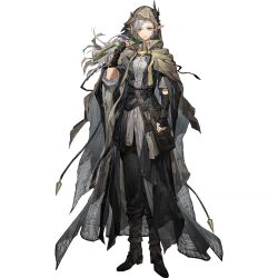  1girl alternate_costume arknights arm_at_side arm_out_of_sleeve arm_up asymmetrical_horns belt black_belt black_gloves black_pants boots breasts brown_boots brown_coat cape closed_mouth coat demon_girl demon_horns eboda-x fingerless_gloves full_body gloves green_eyes grey_hair hair_between_eyes hair_over_one_eye hand_in_pocket high_collar highres hood hood_up hooded_cape horns horns_through_headwear knee_boots long_coat long_hair looking_at_viewer nasti_(arknights) notched_ear official_art open_clothes open_coat pants pen pointy_ears shirt simple_background solo third-party_source transparent_background uneven_horns white_shirt 