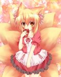  alternate_costume animal_ears blonde_hair blush fox_ears fox_tail highres multiple_tails open_mouth puyopika short_hair solo tail touhou valentine yakumo_ran yellow_eyes young 