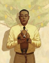  1boy absurdres animal belt black_eyes black_hair black_necktie breaking_bad brown_belt brown_pants closed_mouth coati collared_shirt commentary dark-skinned_male dark_skin dress_shirt glasses gustavo_fring highres holding holding_animal long_sleeves looking_at_viewer male_focus necktie pants shadow shirt short_hair solo straight-on suit_pants very_short_hair xyanaid yellow_shirt 