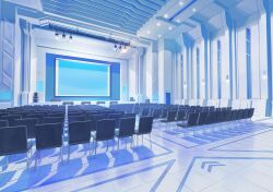  auditorium blue_archive ceiling_light chair cool_colored game_cg indoors modernist_architecture no_humans non-web_source official_art perspective pillar reflective_floor reflective_surface scenery screen self-datamine shadow speaker stage 