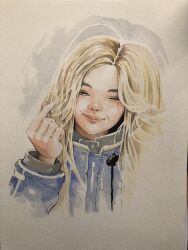  1girl blonde_hair blue_coat closed_mouth coat commentary cropped_torso diana_(pragmata) finger_heart grey_eyes hand_up highres lips long_hair long_sleeves looking_at_viewer one_eye_closed padded_coat painting_(medium) pragmata puffy_long_sleeves puffy_sleeves sefsinsart smile solo traditional_media watercolor_(medium) 
