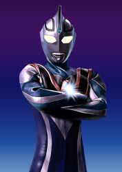  1boy 4ze_meteor absurdres alien blue_background blue_gem blue_skin chest_guard color_timer colored_skin commentary compound_eyes crossed_arms dorsal_fin forehead_jewel gem giant giant_male glowing glowing_eyes gold_trim gradient_background highres looking_at_viewer male_focus multicolored_skin no_pupils pectorals purple_background silver_skin solo sparkle tokusatsu toned toned_male two-tone_background two-tone_skin ultra_series ultraman_agul ultraman_gaia_(series) upper_body white_eyes wrinkled_skin 