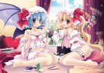  bare_shoulders barefoot bat_wings blonde_hair bloomers blue_hair blush book byruu flandre_scarlet garters hand_mirror hat heart kneeling leg_garter lips long_hair makeup mirror multiple_girls no_panties off_shoulder pillow ponytail red_eyes remilia_scarlet siblings side_ponytail sisters stuffed_animal stuffed_toy teddy_bear touhou very_long_hair window wings 