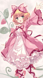  1girl :d absurdres blonde_hair bow breasts brown_background commentary_request drill_hair food frills fruit green_eyes hair_bow highres hinaichigo kanzakietc lolita_fashion long_sleeves looking_at_viewer open_mouth pink_bow red_ribbon ribbon rozen_maiden short_hair simple_background smile solo strawberry sweet_lolita wide_sleeves 