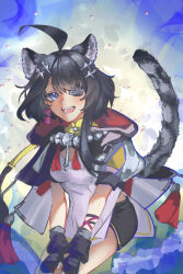  1girl :d absurdres ahoge animal_ears arknights arknights:_endfield black_hair black_mittens black_shorts black_tail commentary eyepatch hair_ornament highres huge_ahoge jewelry long_hair looking_at_viewer mittens necklace one_eye_covered qjinator shorts smile solo tail tail_raised tangtang_(arknights) violet_eyes 