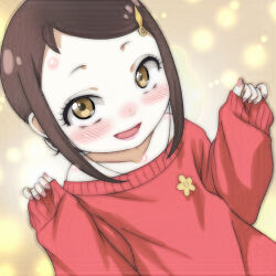 1girl :d becky_blackbell black_hair blush brown_eyes child cosplay hair_ornament hairclip highres loli red_sweater sleeves_past_wrists smile solo spy_x_family sweater t_jiroo_(ringofriend) yor_briar yor_briar_(cosplay)