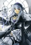  acrylic_paint_(medium) breasts choker cross dress feathers flower frills hairband long_hair myu-kimera purple_rose red_eyes ribbon rose rozen_maiden silver_hair smile solo suigintou traditional_media white_hair white_rose wings 