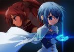  blue cape long_hair magical_girl mahou_shoujo_madoka_magica miki_sayaka multiple_girls ponytail red red_hair redhead sakura_kyouko short_hair soul_gem yutanpo 