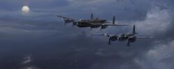  absurdres aircraft airplane avro_lancaster blue_sky bomber clouds cloudy_sky commentary cotact147 de_havilland_mosquito flare fleet flying full_moon high_up highres military military_vehicle moon night no_humans ocean original painterly propeller royal_air_force ship sky vehicle_focus warship watercraft world_war_ii 
