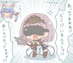  2girls animal_ear_fluff animal_ears blue_hair blush braid breasts carrot_hair_ornament chibi closed_eyes commentary_request emphasis_lines flying_sweatdrops food-themed_hair_ornament grey_hair hair_ornament head-mounted_display highres holding holding_weapon hololive large_breasts mace mitarashi_neko multicolored_hair multiple_girls polka_dot polka_dot_background rabbit_ears shadow shirogane_noel shirogane_noel_(1st_costume) short_eyebrows small_sweatdrop standing sweat thick_eyebrows translation_request trembling twin_braids twintails two-tone_hair usada_pekora usada_pekora_(1st_costume) v-shaped_eyebrows virtual_youtuber weapon white_hair 