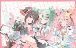  absurdres angels_of_delusion aria_(zenless_zone_zero) arm_warmers black_hair bow gloves green_bow green_eyes green_hair highres leg_warmers megaphone meow_kim0808 multicolored_hair multiple_hair_clips nangong_yu navel open_mouth pink_arm_warmers pink_gloves pink_hair pink_leg_warmers red_eyes smile streaked_hair striped_arm_warmers striped_leg_warmers sunna_(zenless_zone_zero) thigh-highs thigh_strap too_many_bows white_wings wings zenless_zone_zero 