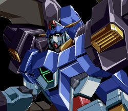  aqua_eyes black_background gundam gundam_age gundam_age-3 gundam_age-3_fortress highres kds_(0049) mecha mecha_focus mobile_suit no_humans robot science_fiction shoulder_cannon solo upper_body v-fin 