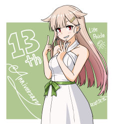  1girl absurdres anchor_earrings anniversary blonde_hair blush breasts commentary dress ear_piercing earrings gradient_hair grin hair_flaps highres index_finger_raised jewelry kantai_collection long_hair looking_at_viewer medium_breasts middle_w multicolored_hair piercing pink_hair red_eyes samusara simple_background single_earring sleeveless sleeveless_dress smile solo untranslatable_commentary w white_dress yuudachi_(kancolle) yuudachi_kai_ni_(kancolle) 