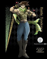  1boy abs anime_coloring araki_hirohiko_(style) argyle_background artist_name bare_shoulders battle_tendency belt belt_buckle biceps black_background black_boots black_gloves blue_pants boots bracelet brown_belt brown_hair buckle clacker copyright_name covered_abs denim english_commentary fingerless_gloves full_body gloves green_eyes green_scarf hamon_(jojo) highres jeans jewelry jojo_no_kimyou_na_bouken jojomelhoranim joseph_joestar joseph_joestar_(young) knee_boots looking_at_viewer male_focus midriff midriff_peek multicolored_scarf muscular muscular_male narrow_waist official_style pants pectorals scarf second-party_source shirt solo standing striped_clothes striped_scarf thick_thighs thighs tight_clothes tight_shirt twitter_username vertical-striped_clothes vertical-striped_scarf yellow_scarf 