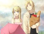  1girl apple bad_id bag bare_shoulders blonde_hair blue_eyes bread couple edward_elric food fruit fullmetal_alchemist groceries halterneck hoodie long_hair open_mouth ponytail riru shopping_bag sky sleeveless smile umbrella winry_rockbell yellow_eyes 