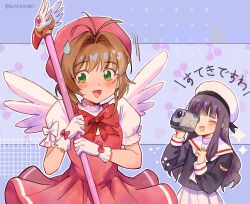  2girls :d ^_^ absurdres blue_background bow brown_hair camera cardcaptor_sakura cherry_background closed_eyes daidouji_tomoyo dress english_commentary fuuin_no_tsue glove_bow gloves green_eyes hat highres holding holding_camera holding_wand kinomoto_sakura kinomoto_sakura_(magician) long_hair magical_girl multiple_girls nguyen_huy open_mouth pink_dress pink_hat pleated_skirt puffy_short_sleeves puffy_sleeves purple_hair red_bow sailor_collar school_uniform short_hair short_sleeves skirt smile sweatdrop tomoeda_elementary_school_uniform translation_request video_camera wand white_gloves white_hat white_sailor_collar white_skirt white_wings wings 