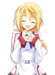  :d ^_^ altivr blonde_hair bust charlotte_dunois closed_eyes eyes_closed hands_clasped happy highres infinite_stratos kanzaki_sora open_mouth petals ponytail school_uniform smile solo track_jacket 