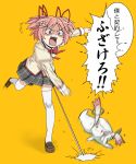  angry bad_id ettamu hair_ribbon highres kaname_madoka kyubey kyuubee mahou_shoujo_madoka_magica motion_blur out_of_character pink_hair ribbon school_uniform simple_background thigh-highs thighhighs throwing translated translation_request twintails zettai_ryouiki 