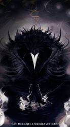  1boy absurdres animal anjens armor bird black_hair black_robe black_tunic burning commentary english_commentary fire full_body highres holding holding_sword holding_weapon long_hair oversized_animal ripples robe shadow_slave shoulder_armor size_difference spoilers standing string sunny_(shadow_slave) sword tunic wading weapon white_fire 