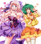  \m/ bare_shoulders blue_eyes blush bow breasts choker cleavage corset esueichi gloves green_hair hand_on_hip heart hips long_hair macross macross_frontier microphone multiple_girls open_mouth pink_hair ranka_lee red_eyes sheryl_nome short_hair simple_background single_thighhigh skirt smile star thigh-highs thighhighs white_legwear white_thighhighs zettai_ryouiki 
