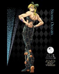  1girl absurdres anime_coloring araki_hirohiko_(style) arm_tattoo artist_name asymmetrical_bangs birthmark blonde_hair bracelet braid braided_ponytail bun_with_braided_base butterfly_tattoo copyright_name double_bun english_commentary from_behind full_body green_eyes green_lips green_nails green_pants grey_hair hair_bun halterneck highres jewelry joestar_birthmark jojo_no_kimyou_na_bouken jojo_pose kujo_jolyne looking_at_viewer low_ponytail multicolored_hair nick_em official_style pants parted_lips ponytail second-party_source shoe_soles single_braid solo spider_web_print stone_ocean tattoo toned toned_female two-tone_hair 