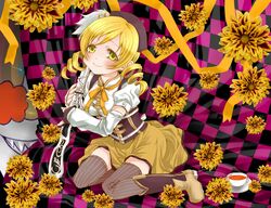  blonde_hair boots breasts brown_legwear charlotte_(madoka_magica) checkered checkered_background corset cup curtains detached_sleeves drill_hair fingerless_gloves flower gloves gun hair_ornament hairpin hat kneeling magical_girl magical_musket mahou_shoujo_madoka_magica pleated_skirt puffy_sleeves ribbon rifle ryokuya sitting skirt smile taut_shirt teacup thigh-highs thighhighs tomoe_mami twin_drills vertical-striped_legwear vertical_stripes weapon witch's_labyrinth yellow_eyes zettai_ryouiki 