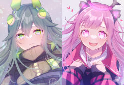  2girls alternate_hair_length_(longer) animal_ears arms_at_sides black_halo black_jacket blurry blush breasts buttons cat_ears close_game/offline_(project_sekai) closed_mouth collarbone column_lineup commentary_request depth_of_field dot_nose double-parted_bangs eyes_visible_through_hair fake_animal_ears film_grain from_above from_below frown green_eyes green_hair grey_background hair_behind_ear hair_between_eyes hair_flaps halo hand_on_own_chest hands_up heart heart_in_eye highres inverted_eyelashes jacket kusanagi_nene layered_clothes lips long_hair long_sidelocks long_sleeves looking_at_viewer mechanical_ears multicolored_halo multiple_girls official_alternate_costume ootori_emu pink_eyes pink_hair pink_halo pink_sailor_collar project_sekai puffy_long_sleeves puffy_sleeves raised_inner_eyebrows sad sailor_collar sidelocks simple_background sleeves_past_wrists small_breasts sparkling_eyes swept_bangs symbol_in_eye tareme tsukizuumi turtleneck turtleneck_jacket two-tone_halo upper_body white_jacket 