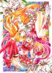  blonde_hair blue_eyes boots brooch choker cure_melody cure_rhythm dress flower green_eyes hair_ribbon happy heart houjou_hibiki jewelry kidanieru long_hair magical_girl midriff minamino_kanade multiple_girls musical_note navel panties pink_hair precure ribbon rotational_symmetry shoes suite_precure symmetry thigh-highs thighhighs twintails underwear upside-down wrist_cuffs 